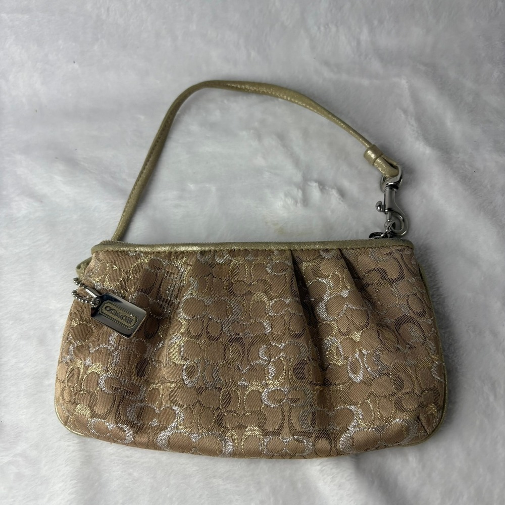 Y2K COACH Wristlet Monogram Metallic Canvas Gold Bronze Silver Zip 7"